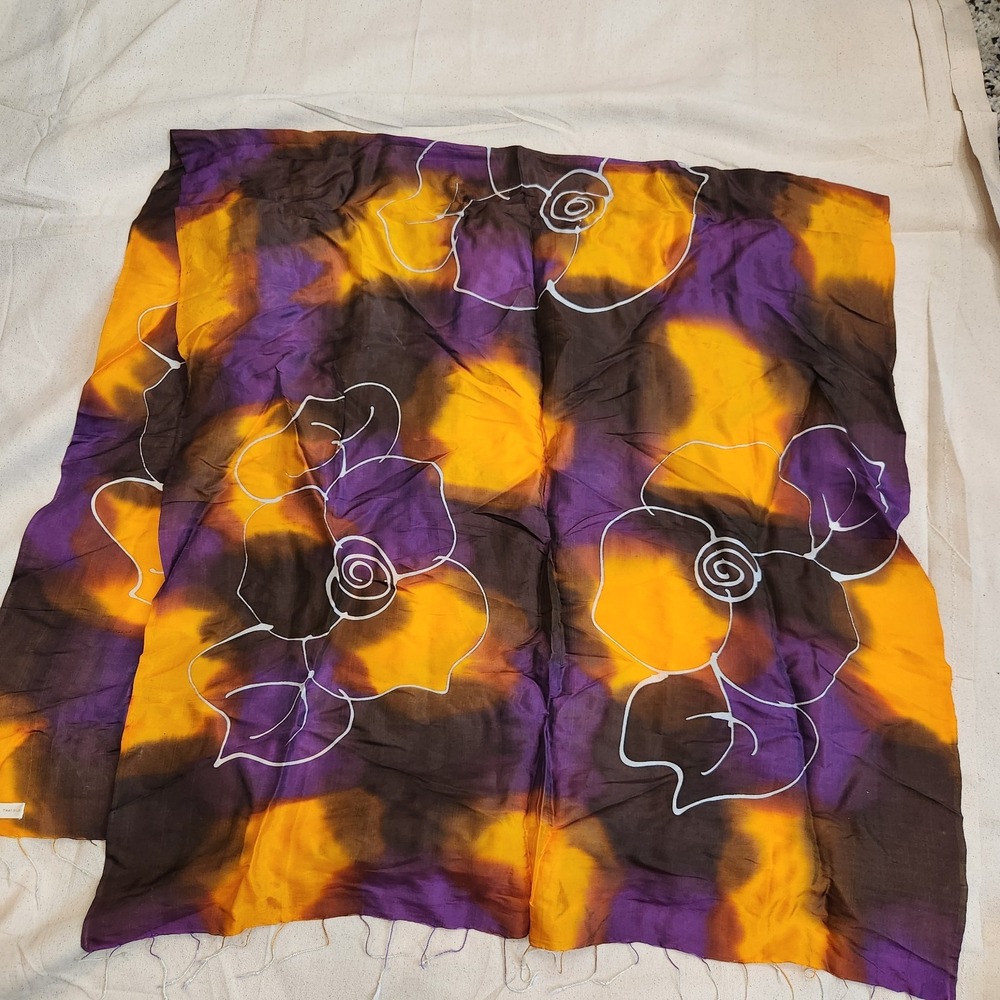 Vintage Thai 100% Silk Hand Painted Floral Scarf Purple Yellow Fringe 33x66
